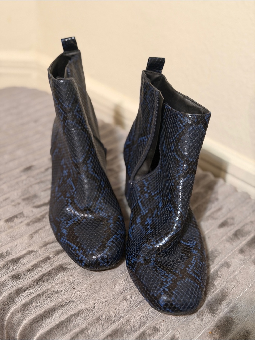 Time and Tru Black and Blue Snake-Print Ankle Boots